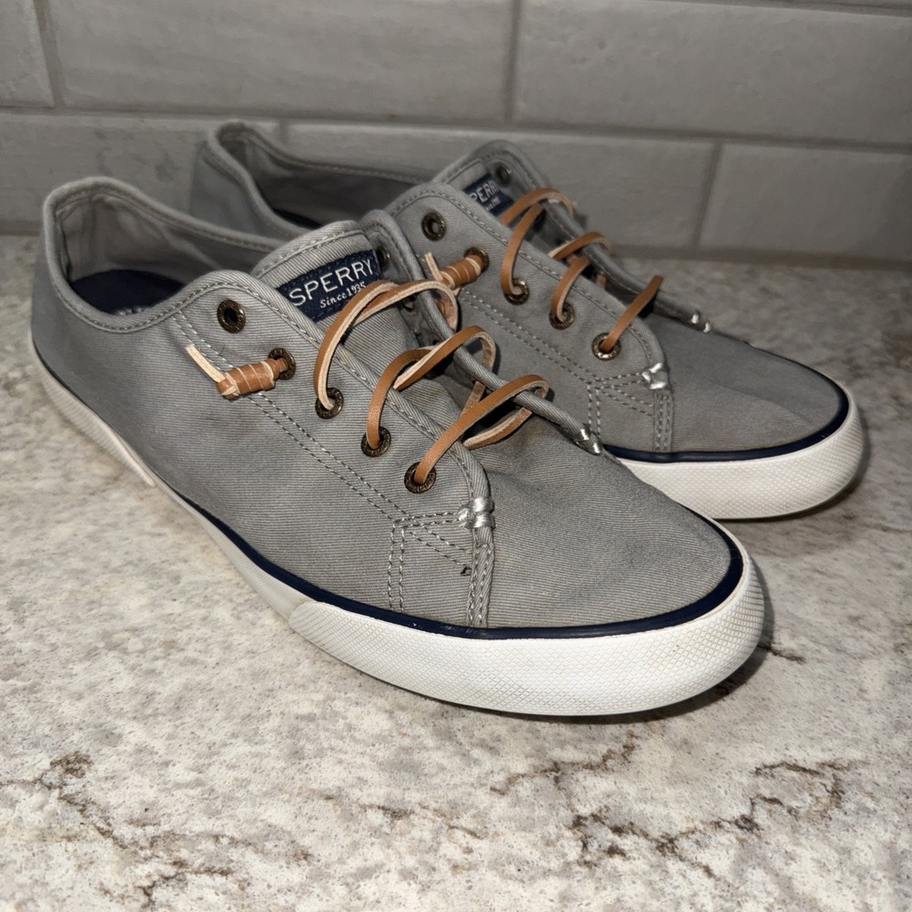 Sperry Pier View Gray Canvas Lace Up Slip-On Sneakers Women's Size 11 No Tie - Picture 2 of 10